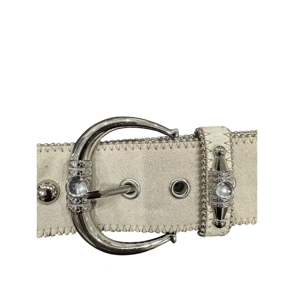 Kathy Van Zeeland Womens Cream Studded Belt Silver Buckle Crystal M 601765